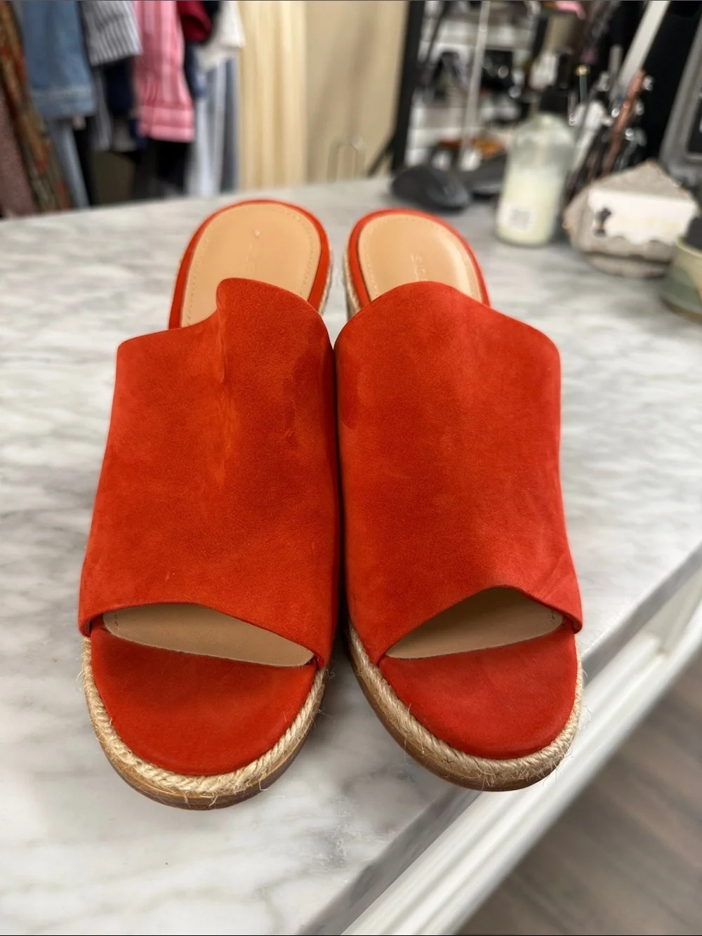 Sigerson Morrison Coral Red Suede Slip on Wedge NEW Size 7